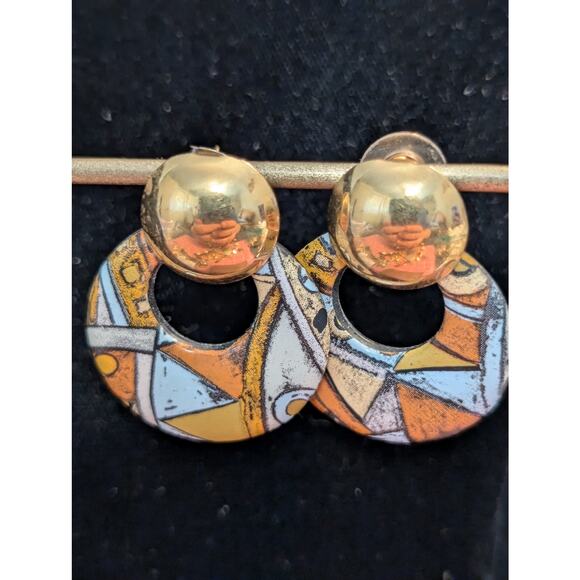 Vintage 70s Groovy Mod Gold Tone Doorknocker Post Earrings - Picture 5 of 5